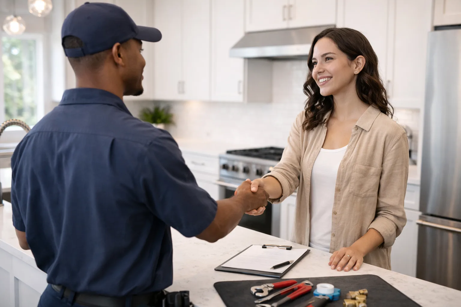 Problem Solved technician greeting a homeowner